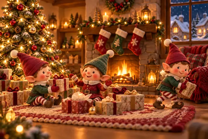 Three felt elves playing a gift swap on a rug in front of a fireplace with stockings