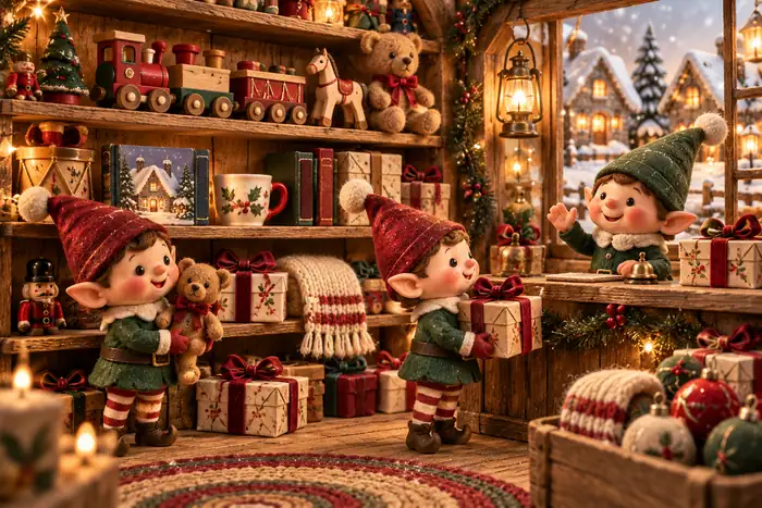 Felt elves wrapping and sorting gifts in a toy shop